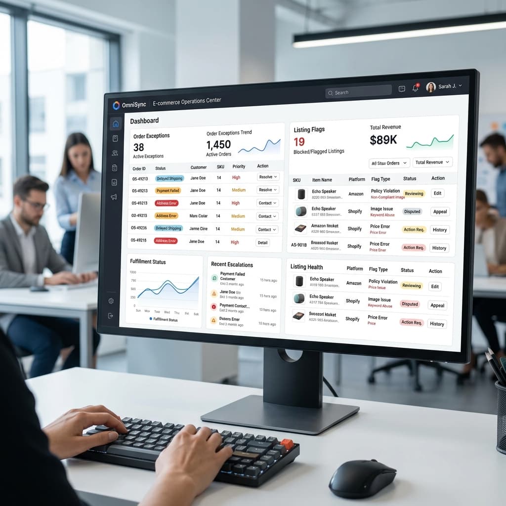 Marketplace operations dashboard showing listing exception queues