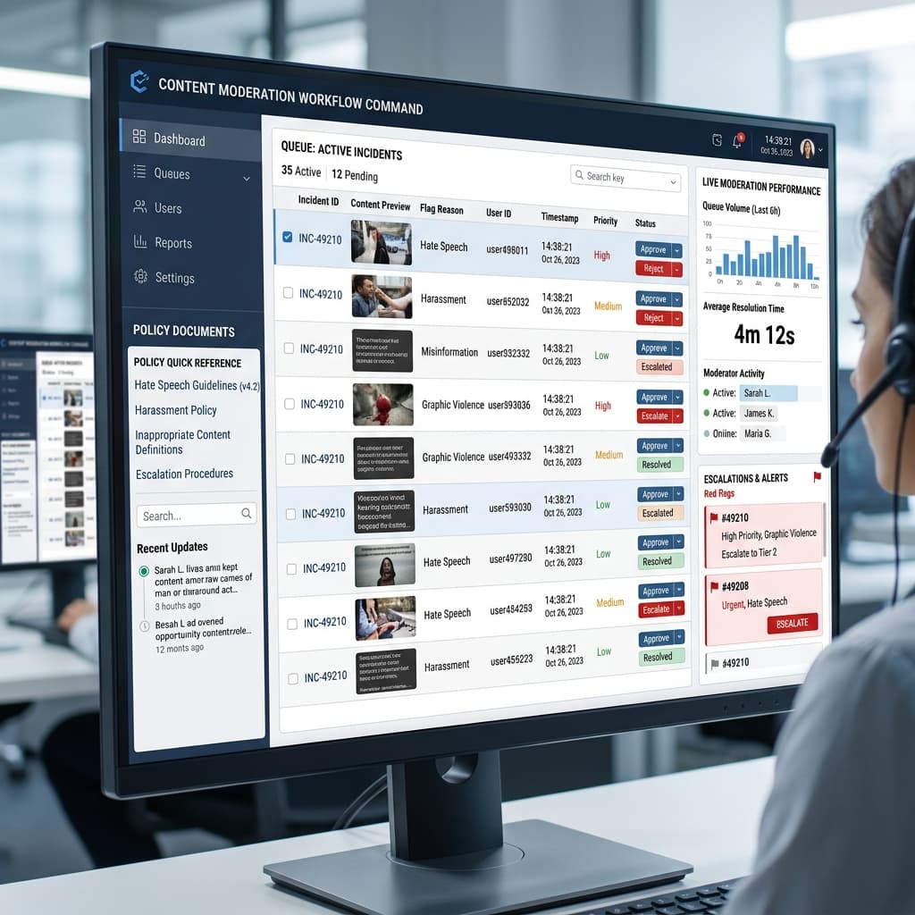 Localized moderation workflow with policy and escalation steps